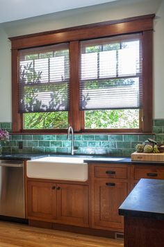 Stained Wood Kitchen Cabinets with Apron Front Sink, Green Subway Tile, Stained Fir Window Trim, Soapstone Countertops California Craftsman Kitchen, 1900s Craftsman Style Homes, Classic Craftsman Kitchen, Traditional Craftsman Kitchen, Kitchen Design Craftsman, Arts And Crafts Kitchen Cabinets, Remodeled Craftsman Homes, Craftsman Modern Kitchen, Craftsman Interior Design Kitchen