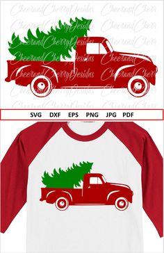 an old red truck with a christmas tree on the back is shown in three different colors