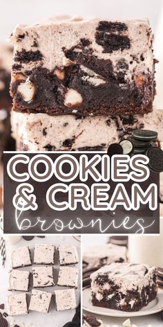 cookies and cream brownies are stacked on top of each other