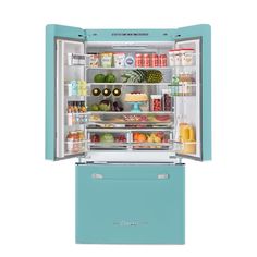 an open refrigerator with food inside on a white background