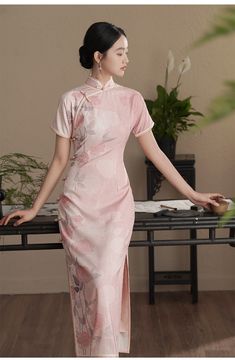 Pink Short Sleeves Roses Printed Qipao Cheongsam Dress – Oriental Me Elegant Floral Print Cheongsam With Stand Collar, Elegant Pink Ao Dai With Floral Embroidery, Elegant Floral Print Cheongsam For Spring, Elegant Floral Print Spring Cheongsam, Elegant Spring Floral Print Cheongsam, Elegant Fitted Cheongsam With Floral Print, Elegant Spring Floral Cheongsam, Fitted Pink Ao Dai For Ceremony, Pink Fitted Ao Dai For Ceremony