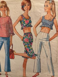 two women wearing crop tops and wide legged pants with high waist, one woman is holding a purse while the other has her handbag