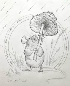 a drawing of a mouse holding an umbrella in front of a rain soaked mushroom, with the words garden elf fantasy written on it