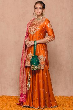 Orange Banarasi Sharara Set Design by SURBHI SHAH at Pernia's Pop Up Shop 2023 Orange Indian Dress, Sharara Designs Simple, Orange Indian Outfit, Qawali Night, Roka Ceremony, Indian Wedding Attire, Sharara Dress, Suit Neck Designs, Orange Lehenga