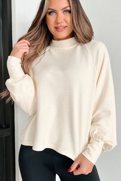 End Of History Mock Neck Long Sleeve Top (Cream) - NanaMacs Stretch Off White Top For Fall, Stretchy Off-white Top For Fall, Off White Stretch Top For Fall, Beige Relaxed Fit Top For Brunch, Casual Off White Tops For Fall, Cozy Off White Tops For Spring, Cozy Off White Spring Tops, Cream Relaxed Fit Tops For Fall, Cream Relaxed Fit Top For Brunch