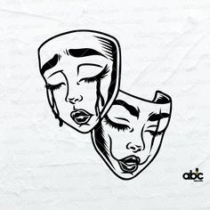 two masks with faces drawn in black and white