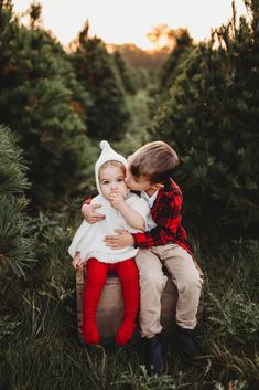 two young boys sitting on top of a log in the middle of a christmas tree farm