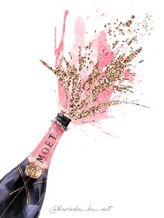 a bottle of champagne with pink and gold sprinkles