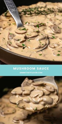 mushroom sauce in a skillet with a spoon scooping out some mushrooms into it