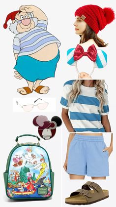 several different items are shown in this collage, including backpacks and shoes with cartoon characters on them