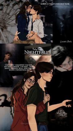 two people are kissing in front of a poster with the words nightfall written on it