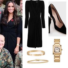 a woman in black dress and gold accessories next to watch, bracelets and shoes