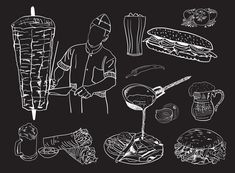 a drawing of food and drinks on a black background