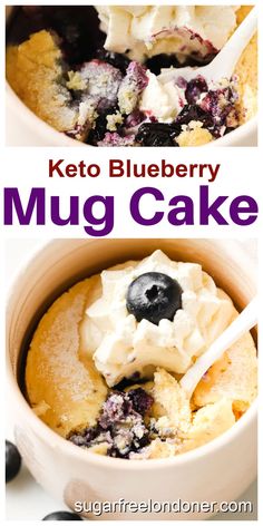 blueberry mug cake in a white bowl with whipped cream on top and the words keto blueberry mug cake above it