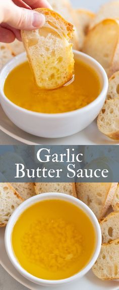 garlic butter sauce in a white bowl being dipped with a piece of bread on the side