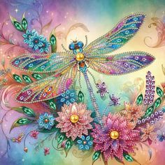 a painting of flowers and dragonflies on a rainbow colored background with gold pearls in the center