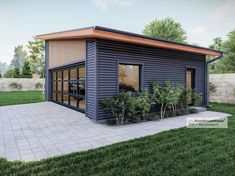 this is an artist's rendering of a small house in the yard with large windows