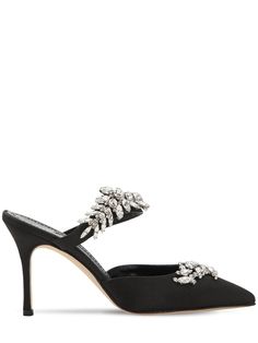 90mm Satin-covered heel. Satin upper. Embellished with crystals . Pointed toe. Leather sole Embellished Pointed Toe Evening Heels, Manolo Blahnik Lurum, Manolo Blahnik Mules, Manolo Blahnik Black, Manolo Blahnik Heels, Black Mules, Crystal Heels, Stunning Shoes, Simple Dress