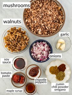 ingredients to make mushroom soup in bowls on a white marble countertop with the words mushrooms, walnuts, garlic, onion paste, and seasonings