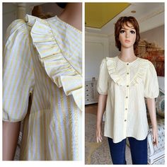 "womens blouse Retro blouse puffy sleeve Blouse vintage Striped blouse Ruffle blouse Edwardian Blouse Victorian Blouse Yellow blouse L 1P 100%-cotton Please refer to photos for details of condition. Condition: very good vintage Measurements : Length: 60 cm/23.6\" Sleeve : 28 cm/ 11\" Shoulder to shoulder: 35 cm/13.8\" Bust: 102 cm/40.2\" Waist: 110 cm/43.3\" Tag size: UK-10 US-6 EUR-38 L note The color on the pictures may vary due to monitor settings and light reflections. Ready to ship Please d Spring Ruffled Collar Blouse For Brunch, Spring Brunch Blouse With Ruffled Collar, Spring Cotton Blouse With Lantern Sleeves, Spring Cottagecore Puff Sleeve Top, Feminine Short Sleeve Peasant Top For Daywear, Cottagecore Tops For Summer Daywear, Cottagecore Summer Tops For Daywear, Cottagecore Summer Daywear Tops, Summer Cottagecore Blouse With Ruffles