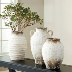 three white vases sitting on top of a black table next to a potted plant