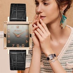 $25.00 A way to say that you are different.This watch with a square design also has a beautiful leather strap of high quality.It will give you the touch of elegance and discretion that you are looking for and you will wear it on any occasion.But be careful! It will still attract attention on you ;) Product specifications: Features: Square case with leather strap Movement: Quartz Water Resistance: NO Dial Window Material Type: Hardlex Dial Diameter: 28mm without crown Trendy Rectangular Quartz Watch, Trendy Rectangular Watch With Leather Strap, Trendy Rectangular Watches With Leather Strap, Elegant Black Square Watch, Women Watches Classy Elegant, Women Watches Classy, Elegant Watches Women, Square Watches, Watches Women Black