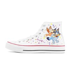 Bluey Converse, White High-top Sneakers For Birthday, Fun High-top Sneakers For Birthday, Casual Lace-up Sneakers For Birthday, Casual High-top Sneakers For Birthday, White Canvas Shoes With Rubber Sole, Bluey Shoes, Age Balloons, Bluey Stuff