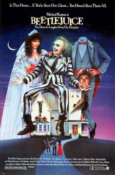 a movie poster for beetlejuice starring actors from left to right jack skellingon, michael j fox, tim burton