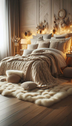 a bed with white blankets and lights on the headboard is in a room that has wood flooring