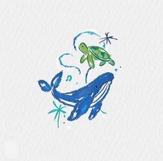 a drawing of a blue whale with a turtle on it's back