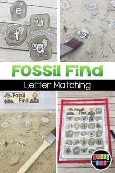 this is a collage of photos with the words fossil find and letter matching on them