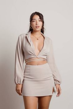 Brooke Two Piece Satin Crop Shirt And Skirt Set in Beige - $54 | Tobi US Satin Crop Shirt, Satin Two Piece Set, Shirt And Skirt Set, Shirt And Skirt, Future Clothes, Skirt And Top, Satin Maxi Dress, Teen Fashion Outfits, Crop Shirt