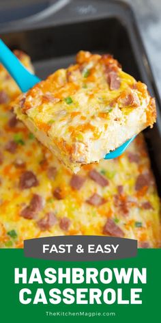 hashbrown casserole with text overlay reading fast and easy hashbrown casserole