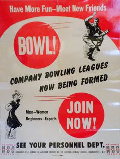 an old poster advertising bowling for women's league teams, from the 1950's