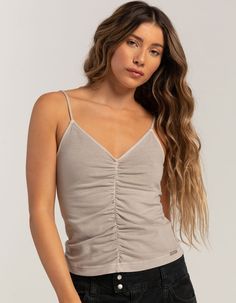 Bdg Urban Outfitters Ruched Tank Top. Acid-Washed Cami Top By Bdg, Designed With Flattering Ruching Through The Front. Features A Strappy Cami Style With Adjustable Straps, A Slim Silhouette And A Short Hem That Ruches At The Center. 95% Cotton, 5% Elastane. Machine Wash. Imported. Model Is Wearing A Size Medium. Model Measurements:height: 5'7" Bust: 34.5"waist: 27"hips: 38" Affordable Basic Tops By Urban Outfitters, Affordable Urban Outfitters Tank Top For Night Out, Ruched Tank Top, Womens Tank Top, Bdg Urban Outfitters, Cami Tanks, Acid Wash, Cami Top, Cami Tops