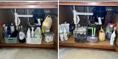 two pictures of the inside of a kitchen cabinet filled with cleaning supplies and toiletries