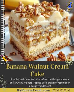 a banana walnut cream cake on a plate