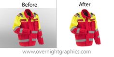 two different views of an orange and yellow fireman's jacket with the same color on it