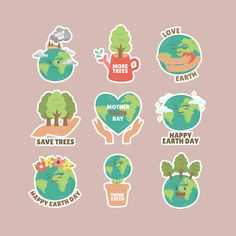 earth day stickers with trees, plants and flowers in the shape of heart on grey background