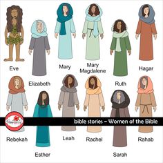 women of the bible in different styles and colors, with names on each one side