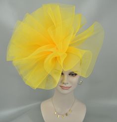 Tulle Fascinator For Royal Ascot, Royal Ascot Ostrich Feather Fascinator, Ostrich Feather Fascinator For Royal Ascot Races, Yellow Headpiece For Royal Ascot Races, Yellow Headpieces For Royal Ascot Races, High Crown Headpieces For Wedding Carnival, Tulle Headpiece For Kentucky Derby Party, Yellow Fascinator For Royal Ascot Party, Ostrich Feather Fascinator For Royal Ascot Party