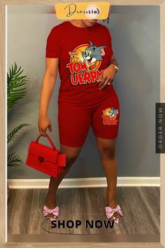 Cartoon Print Short Sleeve T-shirts Two Piece Short Sets Red Cartoon Print Top For Summer, Red Cartoon Print Tops For Summer, Casual Tan Tops For Summer, Casual Tan Summer Top, Tan Casual Summer Tops, Two Piece Short Set, Cartoon Print, 1 Million, Printed Shorts