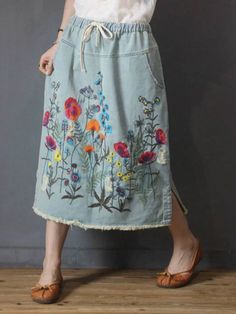 47376365257026 Floral Streetwear, Casual Embroidered Medium Wash Denim Skirt, Summer Cotton Denim Skirt, Short Length, Blue Cotton Knee-length Denim Skirt, Floral Embroidered Cotton Denim Skirt, Medium Wash Cotton Denim Skirt Knee-length, Clothes Autumn, Embroidery Denim, Clothes Vintage