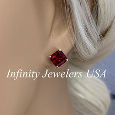 These earrings are radiant cut lab created red ruby studs , 14k yellow gold #6229 -Approximate total carat weight: 3.50ctw diamond equivalent -Stone Size: approx. 1.75ct each diamond equivalent -Gem Type: lab created ruby -Stone Shape: radiant cut 7x7mm each -Stone Clarity: AAA -Stone Color: red -Moh's Scale: 9 Hardness -Metal Type and Purity: 14k yellow gold -Setting: 4 prong basket setting -Stock Backing: screw backs -Country of Manufacturing: USA (Michigan) Custom Options: Moissanite Forever Basket Setting, Lab Created Emerald, Yellow Gold Setting, Ruby Stone, Radiant Cut, Red Ruby, Keep Jewelry, Gold Set, Diamond Sizes