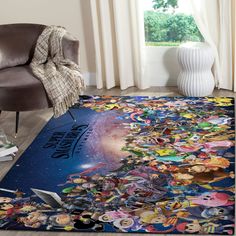 the rug is covered with many cartoon characters