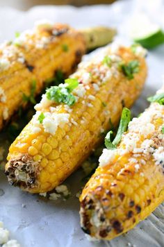 grilled corn on the cob with parmesan cheese and green garnish