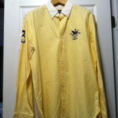 Polo Ralph Lauren Mens Pre-Owned Yellow 100%Cotton Equestrian Casual Shirt Size: Xl Mercer Collection Personal Collection Pristine Condition, Almost Brand New Super Rare No Flaws, No Holes, No Stains Very Well Kept In A Smoke Free Environment Classic Polo Shirt With Button Closure And Casual Collar, Fitted Shirt With Polo Collar And Placket, Classic Fitted Yellow Polo Shirt, Fitted Yellow Classic Polo Shirt, Yellow Long Sleeve Cotton Polo Shirt, Preppy Polo Collar Workwear Tops, Preppy Collared Shirt For Fall, Custom Fit Long Sleeve Cotton Shirt, Custom Fit Cotton Long Sleeve Shirt