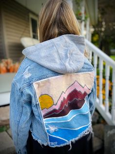 This jacket is hand painted and is a size small. The jacket can be washed and dried if necessary, if doing so I would recommend washing(and drying) the jacket inside out and on a gentle cycle and drying on a cycle that is low heat and not for long periods of time. Washing and drying is not good for the color quality and texture of paint so only washing/drying when necessary is recommended. Casual Hand Painted Blue Outerwear, Casual Hand Painted Cotton Outerwear, Artsy Long Sleeve Cotton Denim Jacket, Casual Cotton Outerwear With Hand Painted Details, Casual Cotton Hand Painted Outerwear, Hand Painted Blue Cotton Outerwear, Casual Hand Painted Cotton Denim Jacket, Hand Painted Cotton Denim Jacket For Winter, Hand Painted Long Sleeve Winter Outerwear