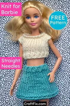 a doll with blonde hair wearing a knitted skirt and cropped top for barbie dolls