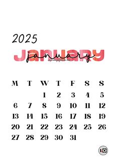 a calendar with the word january written in red and pink ink on a white background